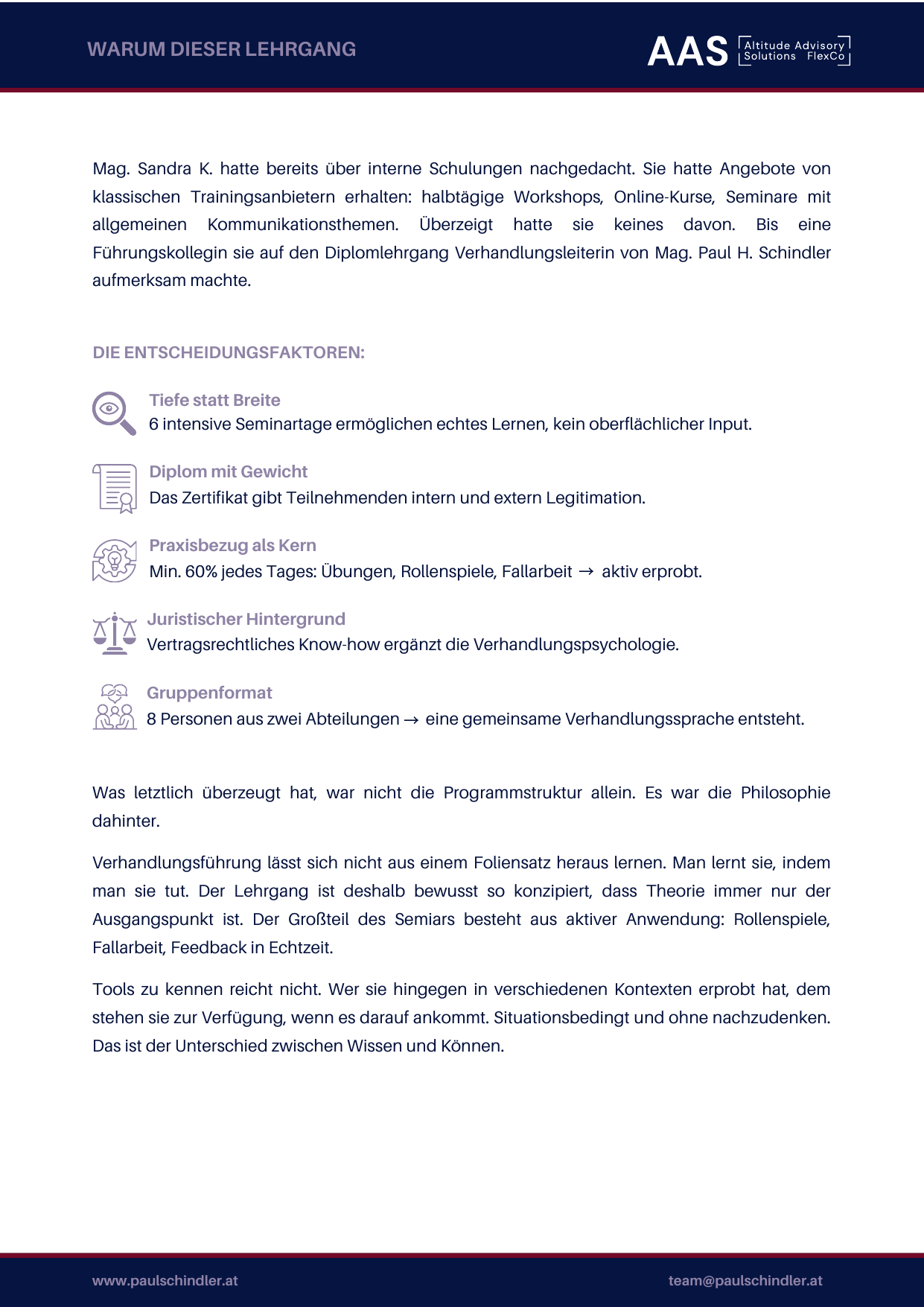 Case Study Seite – Die 6 Seminartage im Detail